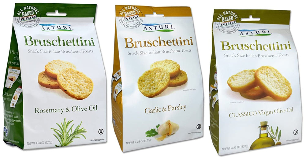 Asturi front packaging showing garlic parsley flavor and classic olive oil benefit