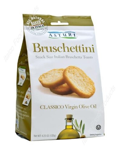 Asturi bruschettini front packaging showing product and olive oil flavor benefit