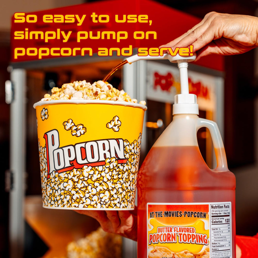 At-The-Movies-Popcorn pouring buttery oil onto popcorn for even coating and theater-style flavor benefit