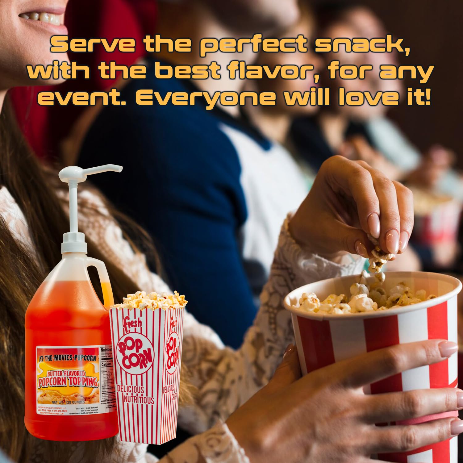 At-The-Movies-Popcorn gallon beside measuring cup showing scale and volume convenience benefit