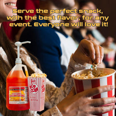 At-The-Movies-Popcorn gallon beside measuring cup showing scale and volume convenience benefit