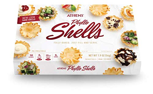 Athens Foods front packaging showing three boxes and ready-baked mini phyllo shells for quick serving