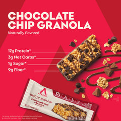 Atkins unwrapped bar close-up showing chocolate chips and chewy granola for taste