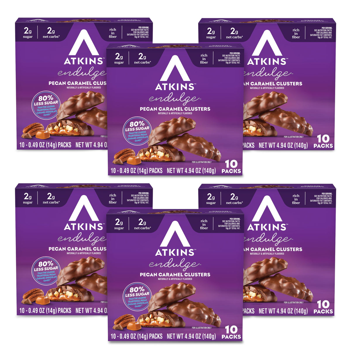 Atkins pecan caramel clusters front packaging showing product count and benefits