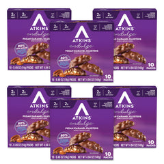 Atkins pecan caramel clusters front packaging showing product count and benefits