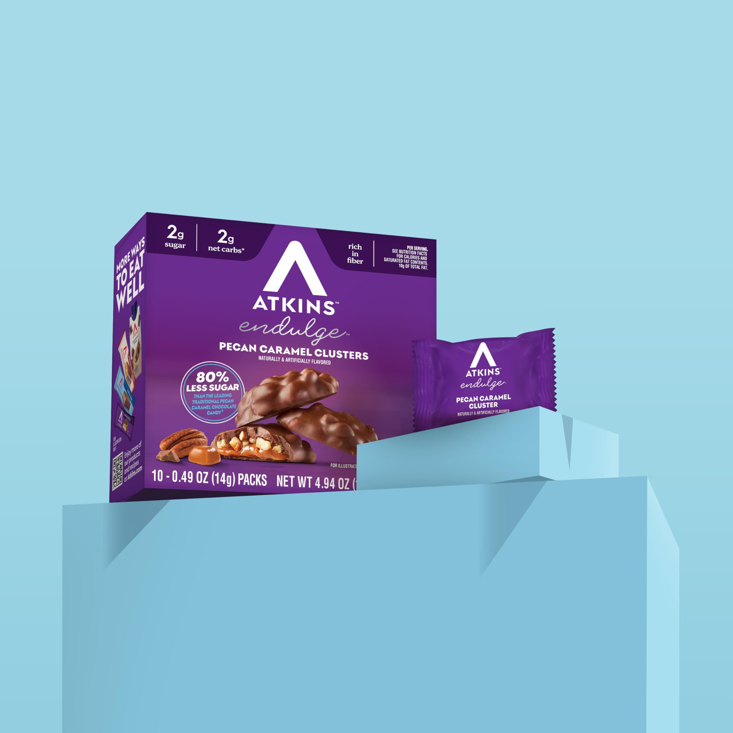 Atkins pecan caramel clusters on a snack plate in a casual lifestyle scene