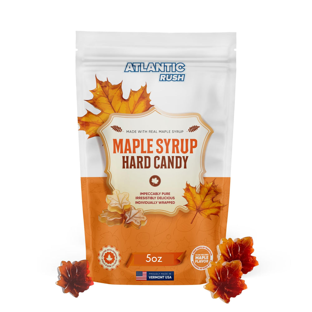 Atlantic Rush front packaging 5oz bag showing maple leaf candies and convenience