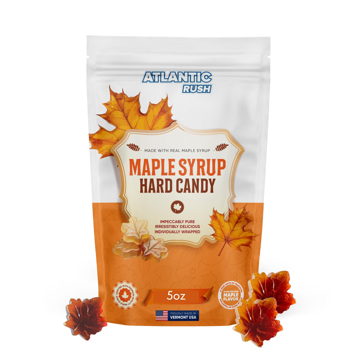 Atlantic Rush front packaging 5oz bag showing maple leaf candies and convenience