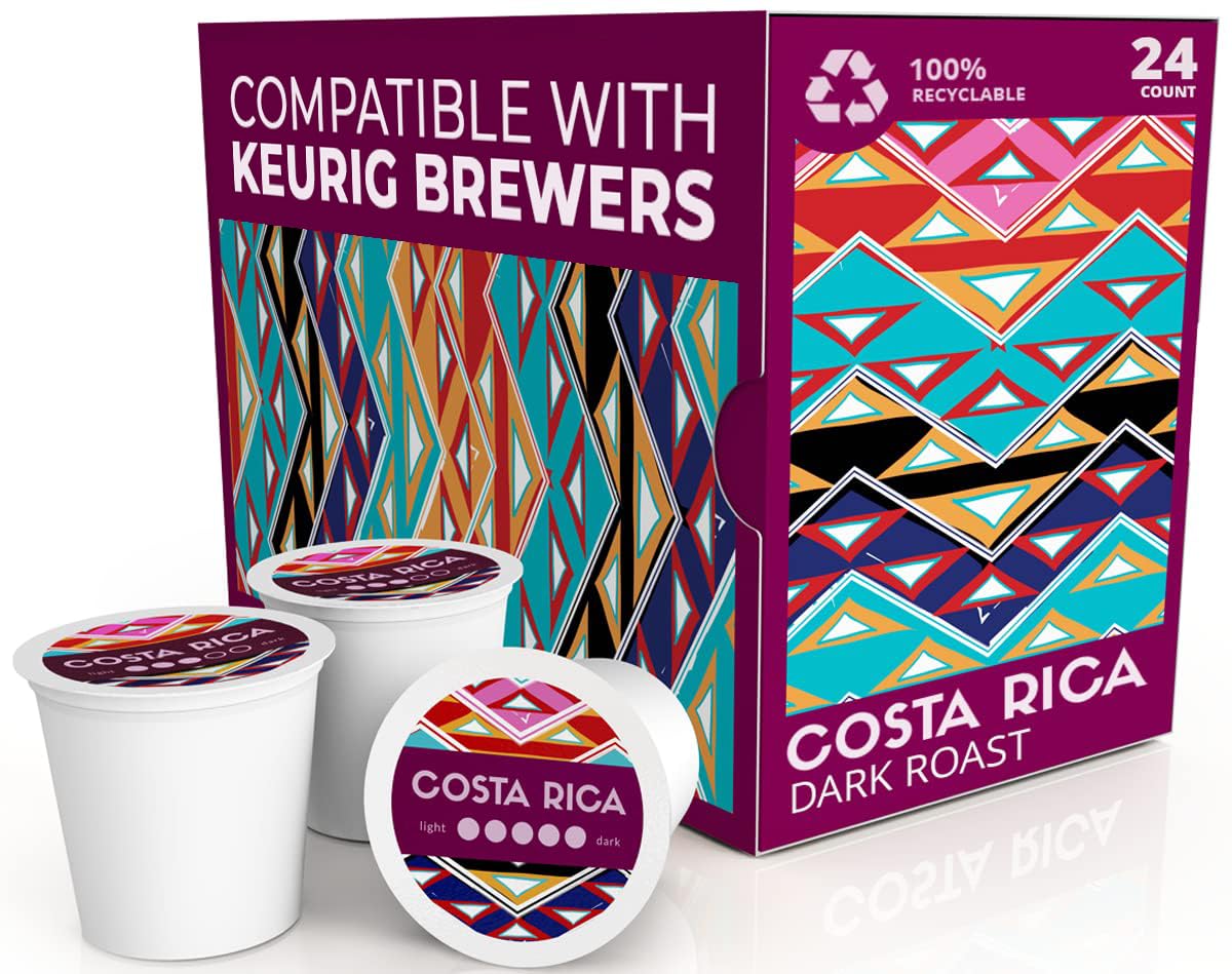 Atlas Coffee Club front packaging showing Costa Rica dark roast and 24 count benefit