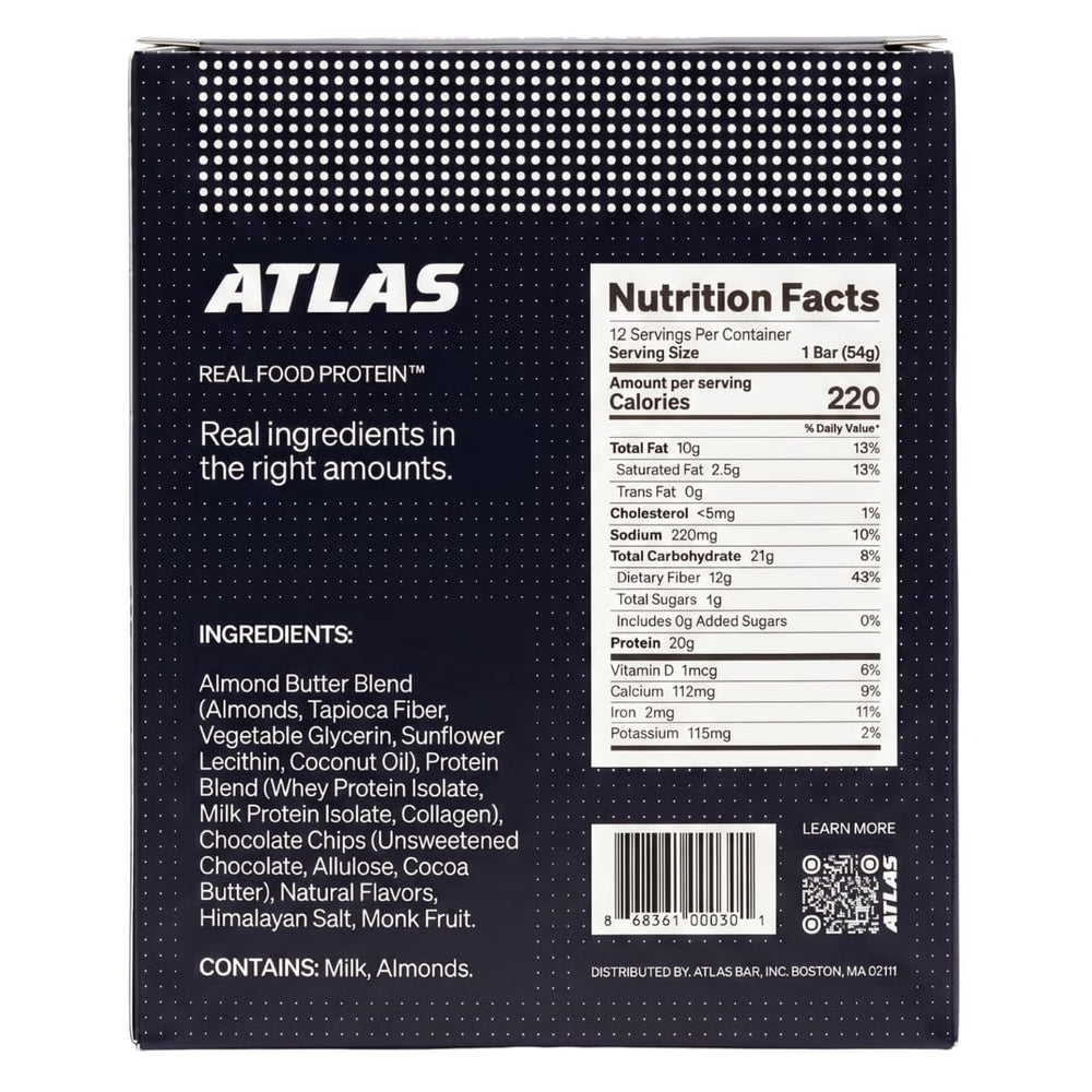 Atlas Protein Bar unwrapped dark chocolate almond bar ready to eat for fast fuel