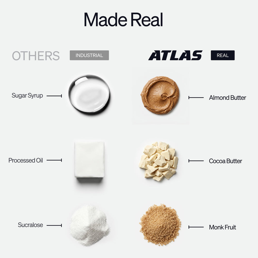 Atlas Protein Bar almonds and unsweetened chocolate close-up highlighting real ingredients