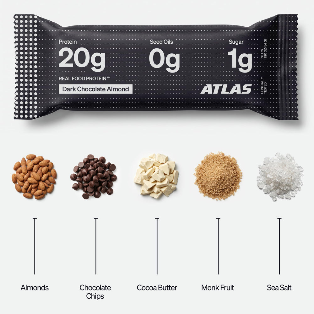 Atlas Protein Bar cross-section texture showing protein and fiber-rich chew for satiety