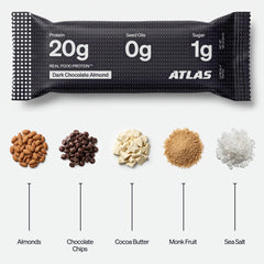Atlas Protein Bar cross-section texture showing protein and fiber-rich chew for satiety