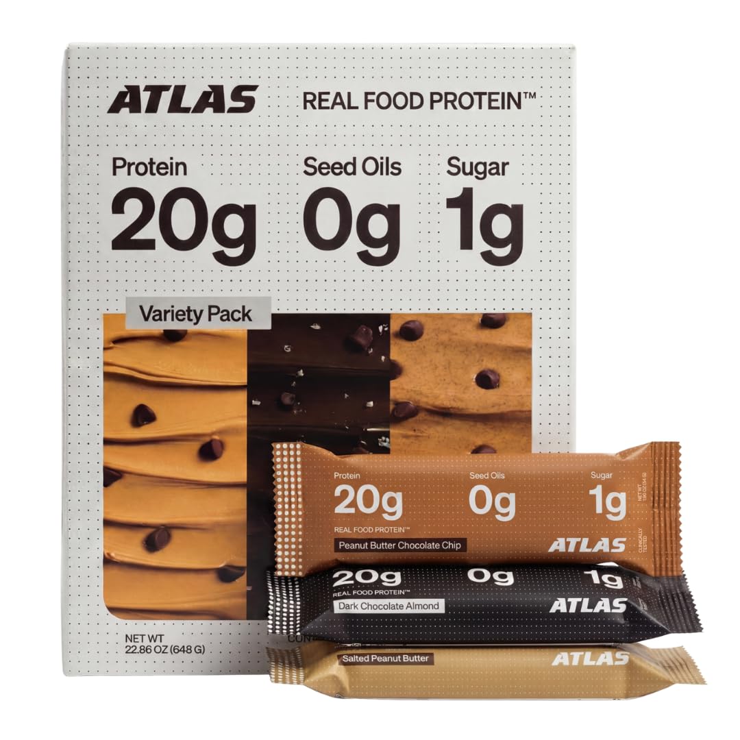 Atlas Protein Bar front packaging showing variety box and nutrition focus