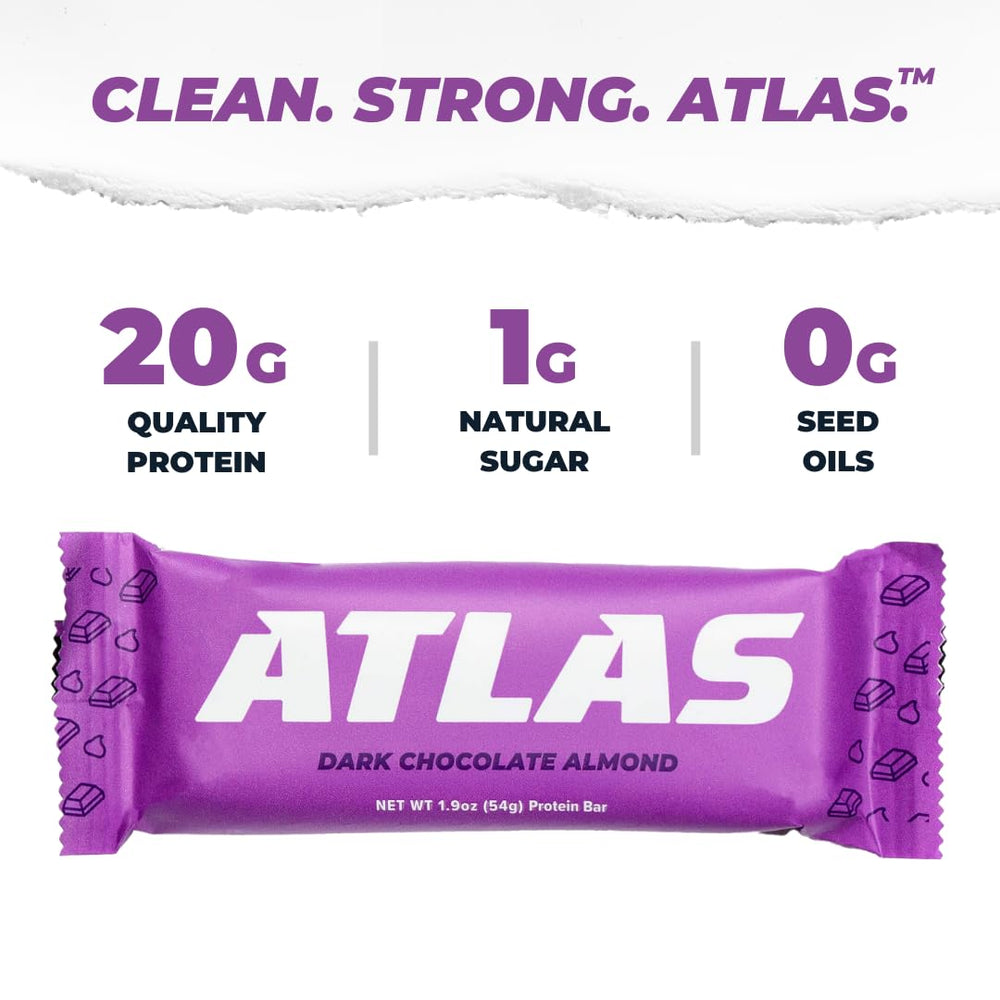 Atlas Protein Bar almond butter and dark chocolate close-up emphasizing real-food ingredients