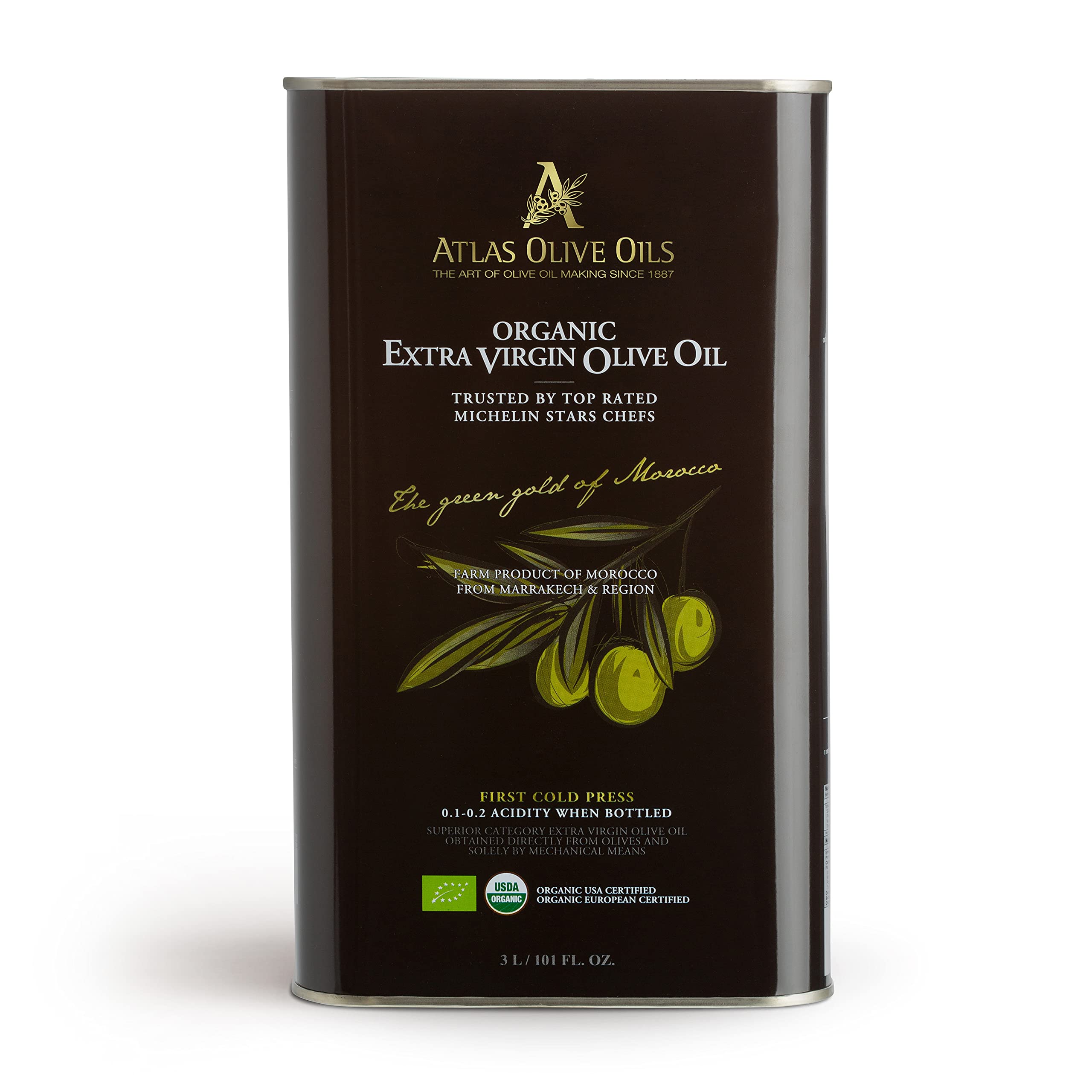 Atlas Olive Oils 3 L tin front view showing protected packaging and convenience