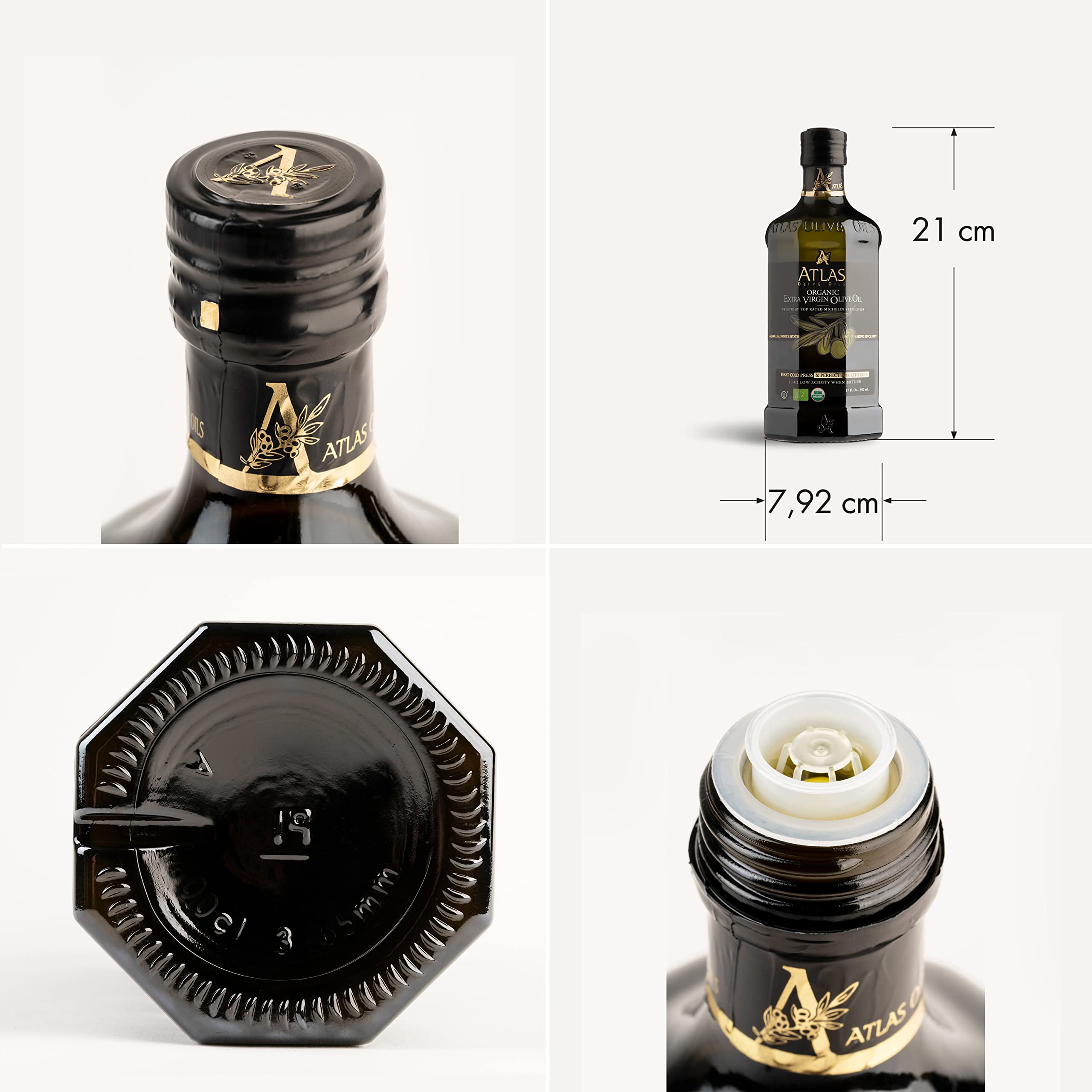 Atlas Olive Oils bottle next to a hand for scale showing 500 mL size benefit: clear portioning