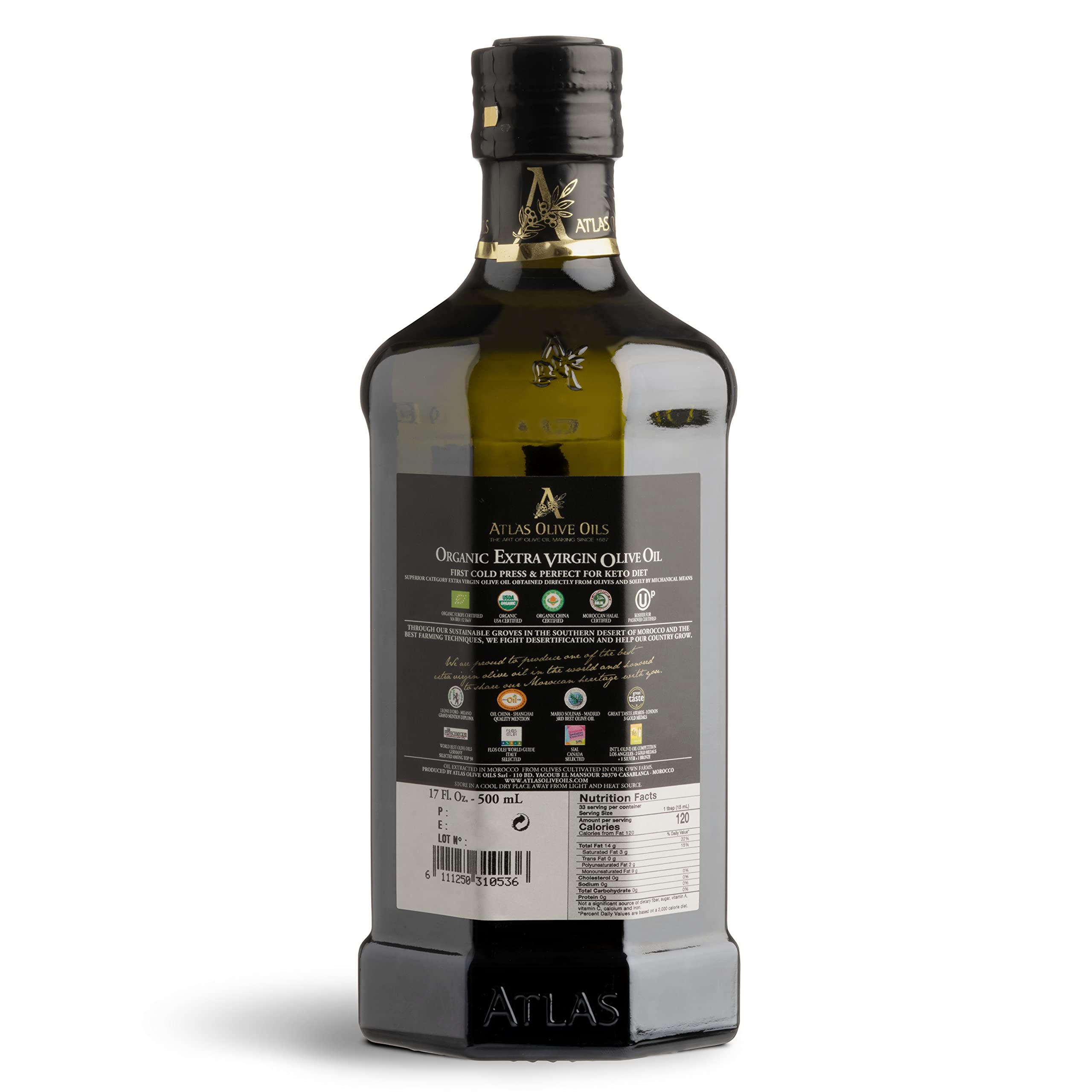 Atlas Olive Oils label closeup highlighting cold‑pressed and organic certification benefit: transparent sourcing