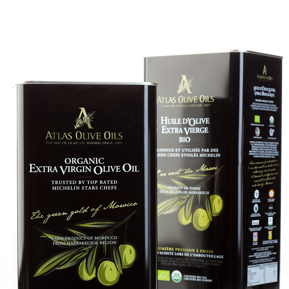 Atlas Olive Oils 3 L tin next to bottle for scale and bulk value advantage