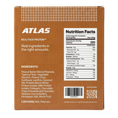 Atlas Protein Bar unwrapped bar showing dense peanut butter chocolate chip texture