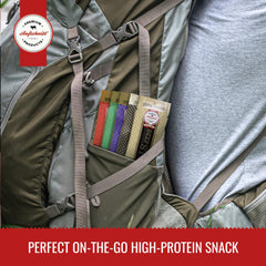 Aufschnitt jerky in backpack pocket, portable snack for hiking and travel convenience
