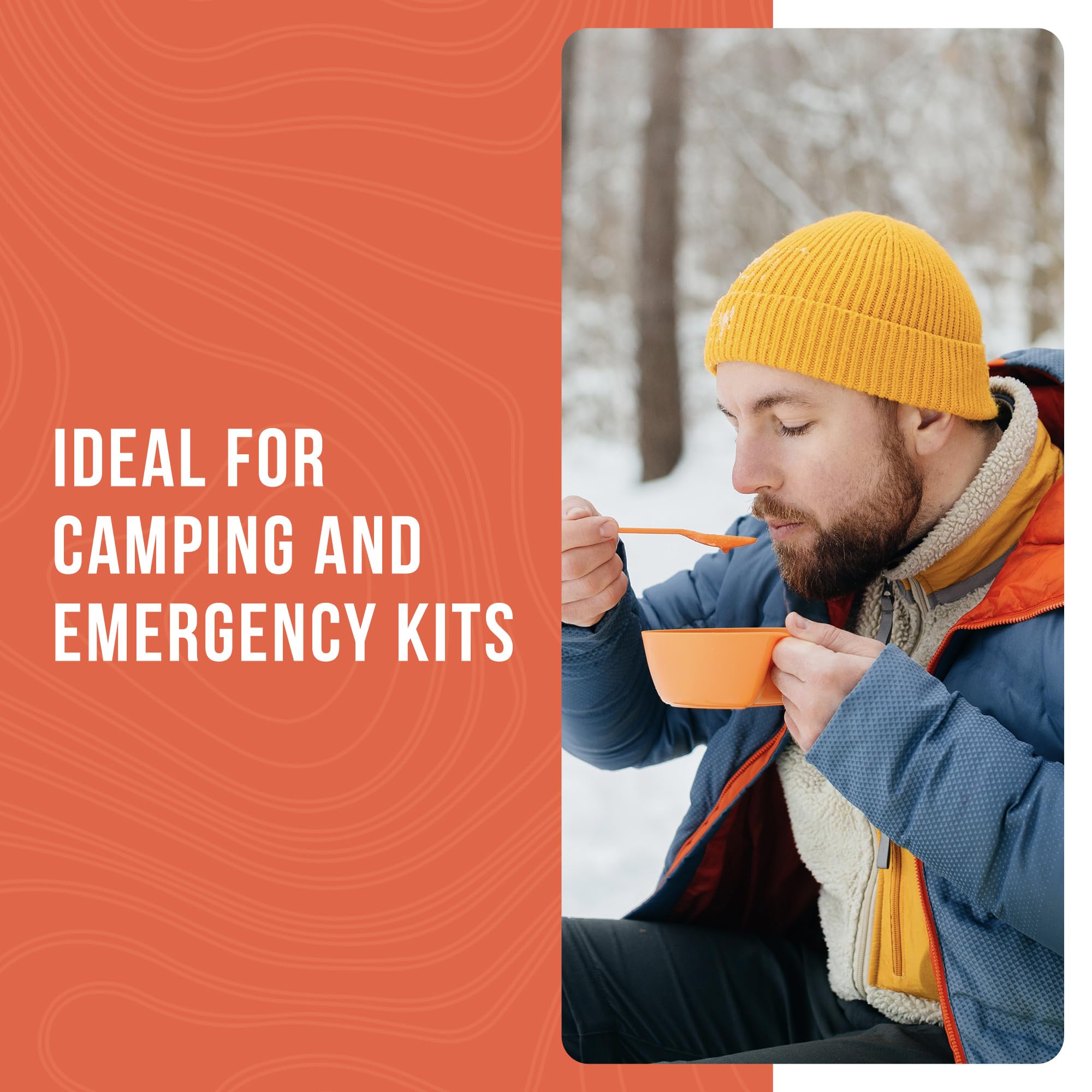 Augason Farms can beside camping gear illustrating portable hot-meal benefit