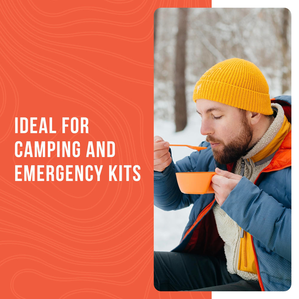 Augason Farms can beside camping gear illustrating portable hot-meal benefit