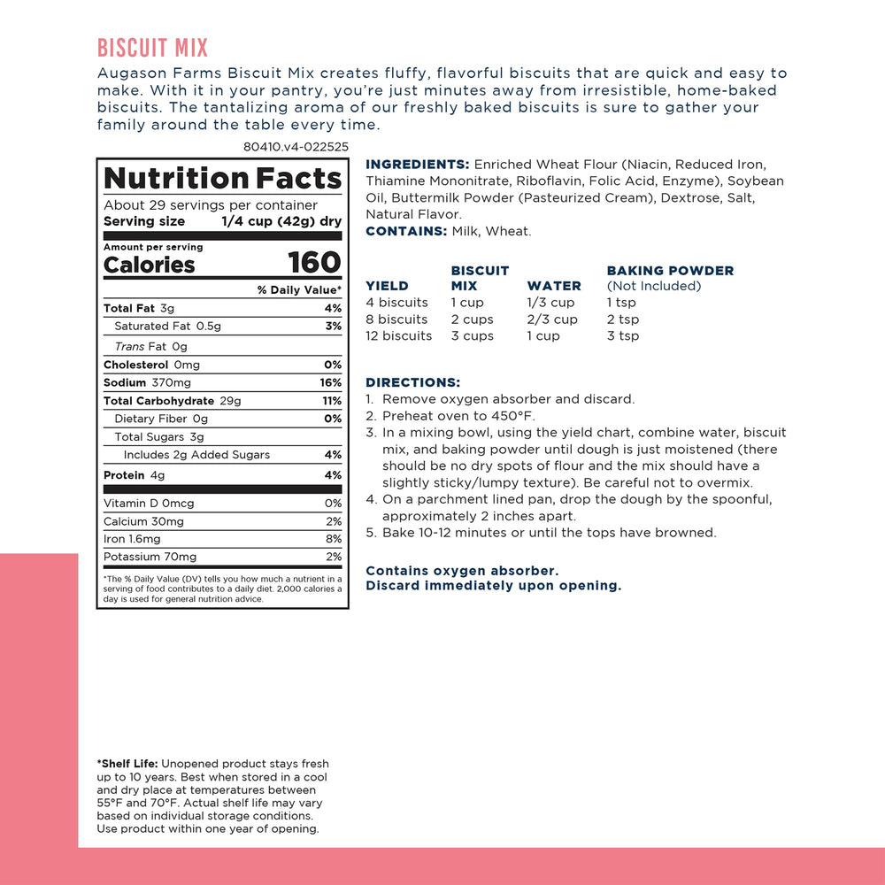 Augason Farms nutrition label and serving size details for planning