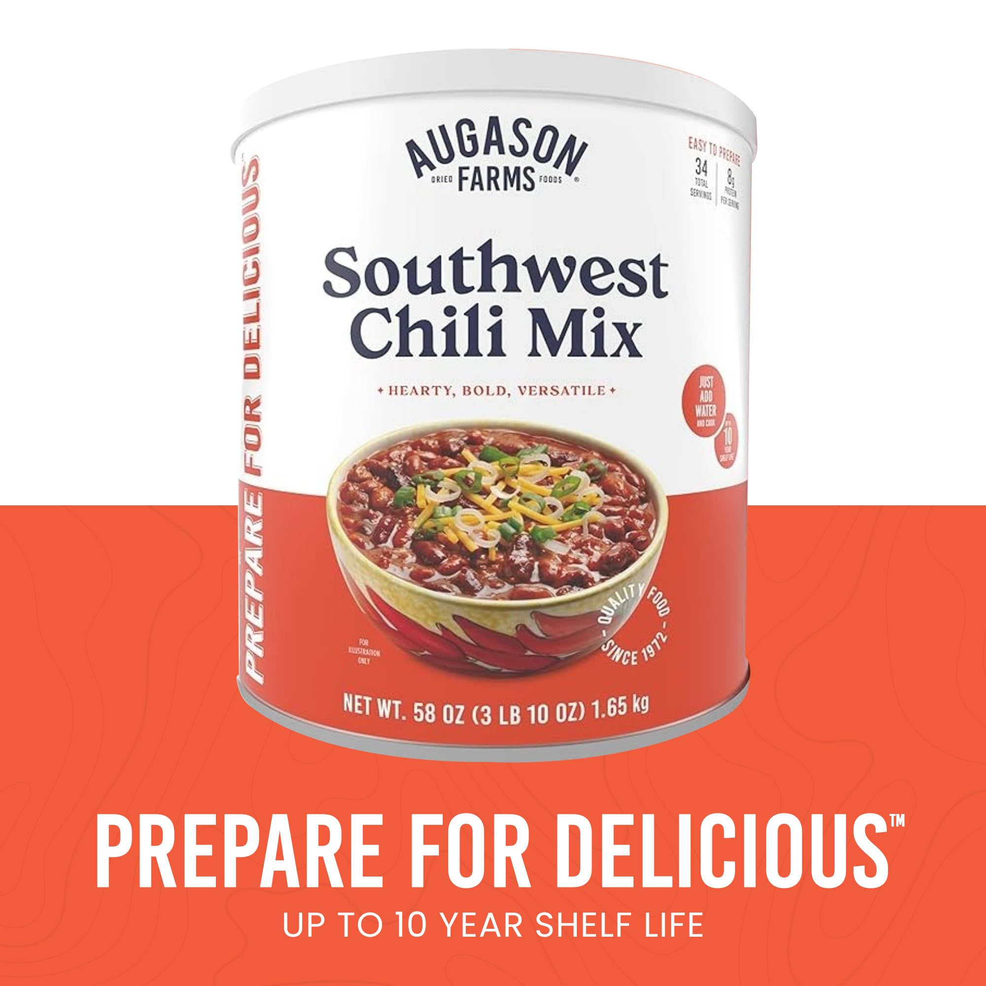 Augason Farms prepared chili in a bowl showcasing hearty, filling meal