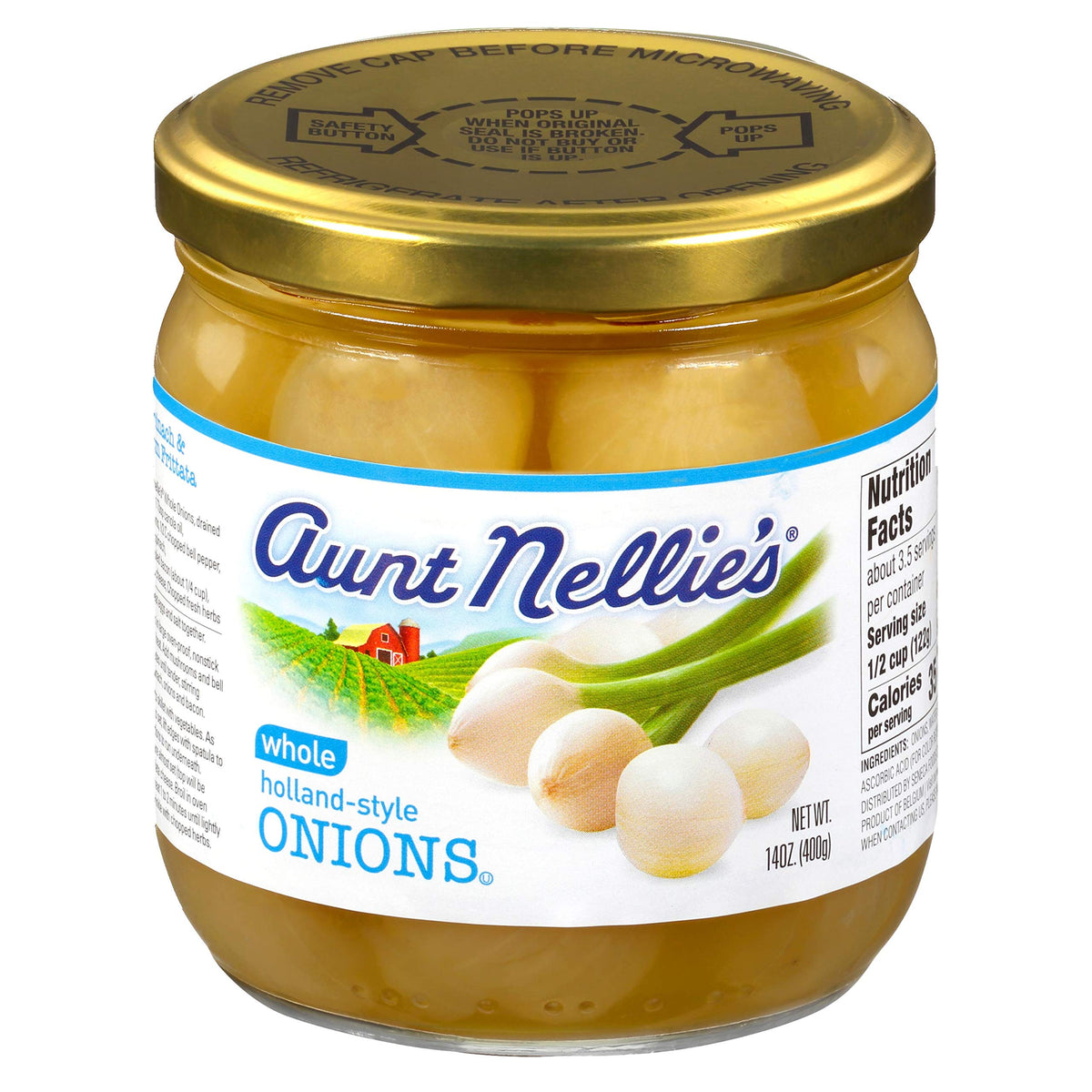 Aunt Nellie's front jar packaging showing whole onions and clear brine for pantry visibility