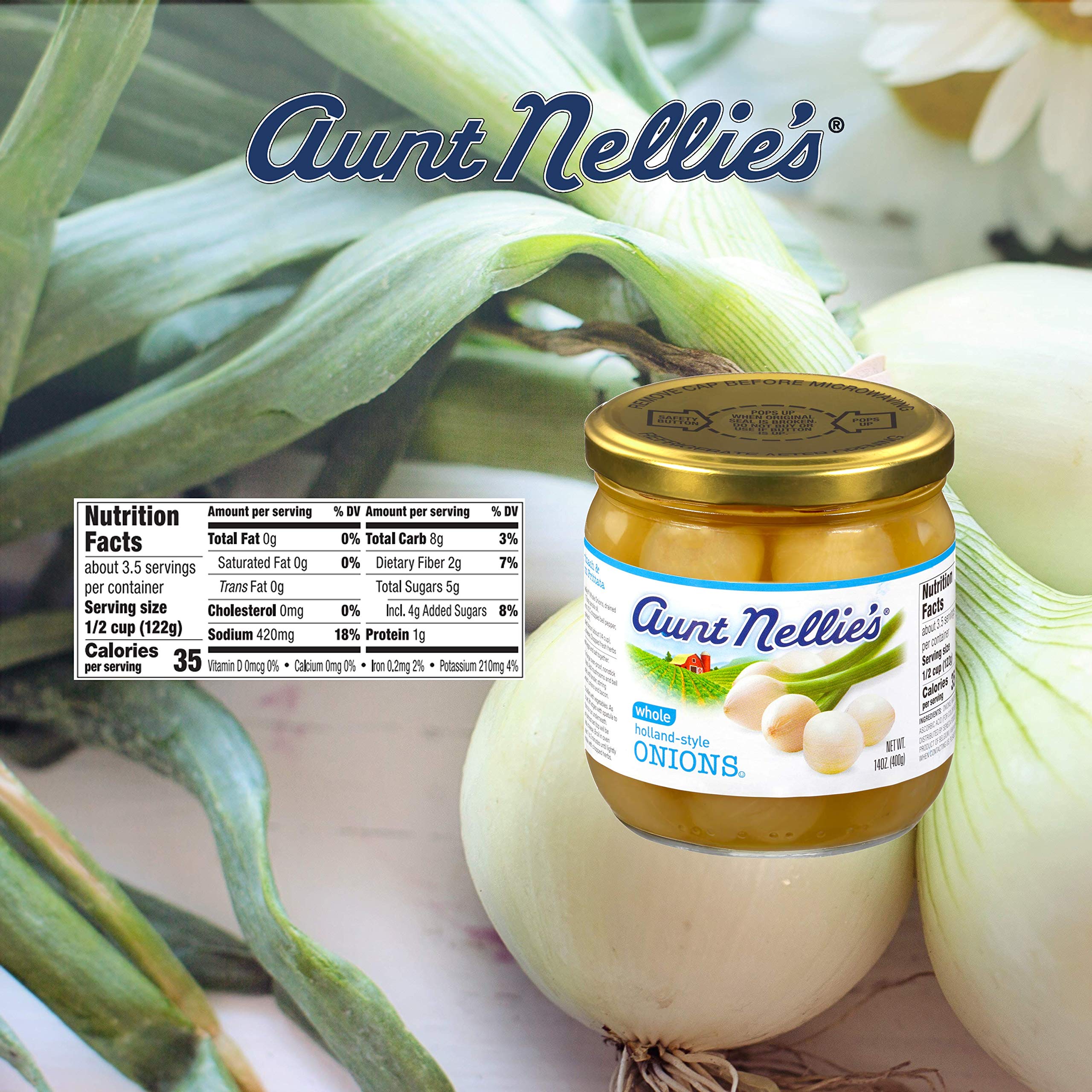 Hand holding Aunt Nellie's 14 oz jar to show size and convenient pantry-ready portion
