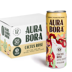 Aura Bora can front view showing Cactus Rose design and zero-calorie benefit