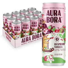 Aura Bora front packaging showing raspberry vanilla cans and benefits