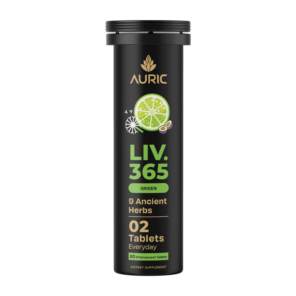 Auric LIV365 Green front packaging showing 20-tab tube and label benefits