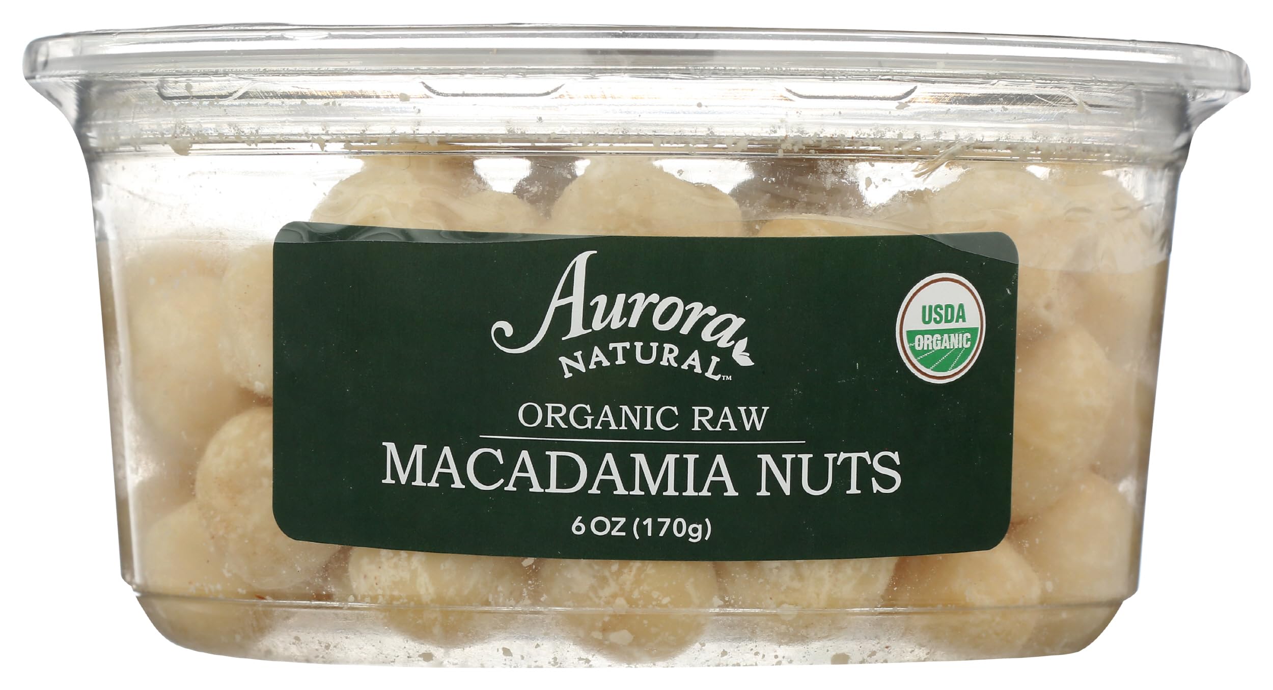 AURORA front packaging showing 6 oz organic macadamia nuts and resealable pouch benefit freshness