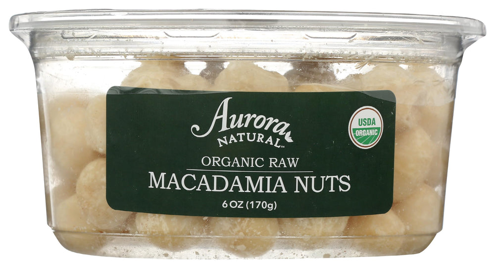 AURORA front packaging showing 6 oz organic macadamia nuts and resealable pouch benefit freshness
