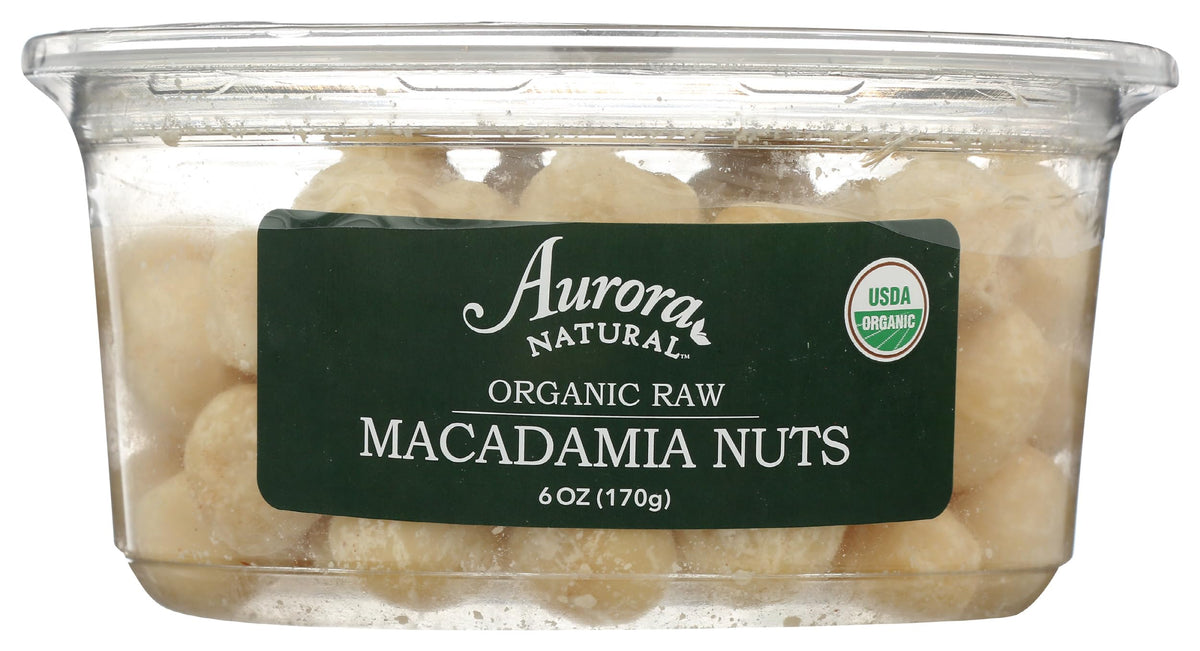 AURORA front packaging showing 6 oz organic macadamia nuts and resealable pouch benefit freshness