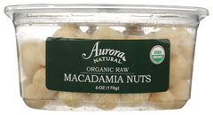 AURORA front packaging showing 6 oz organic macadamia nuts and resealable pouch benefit freshness