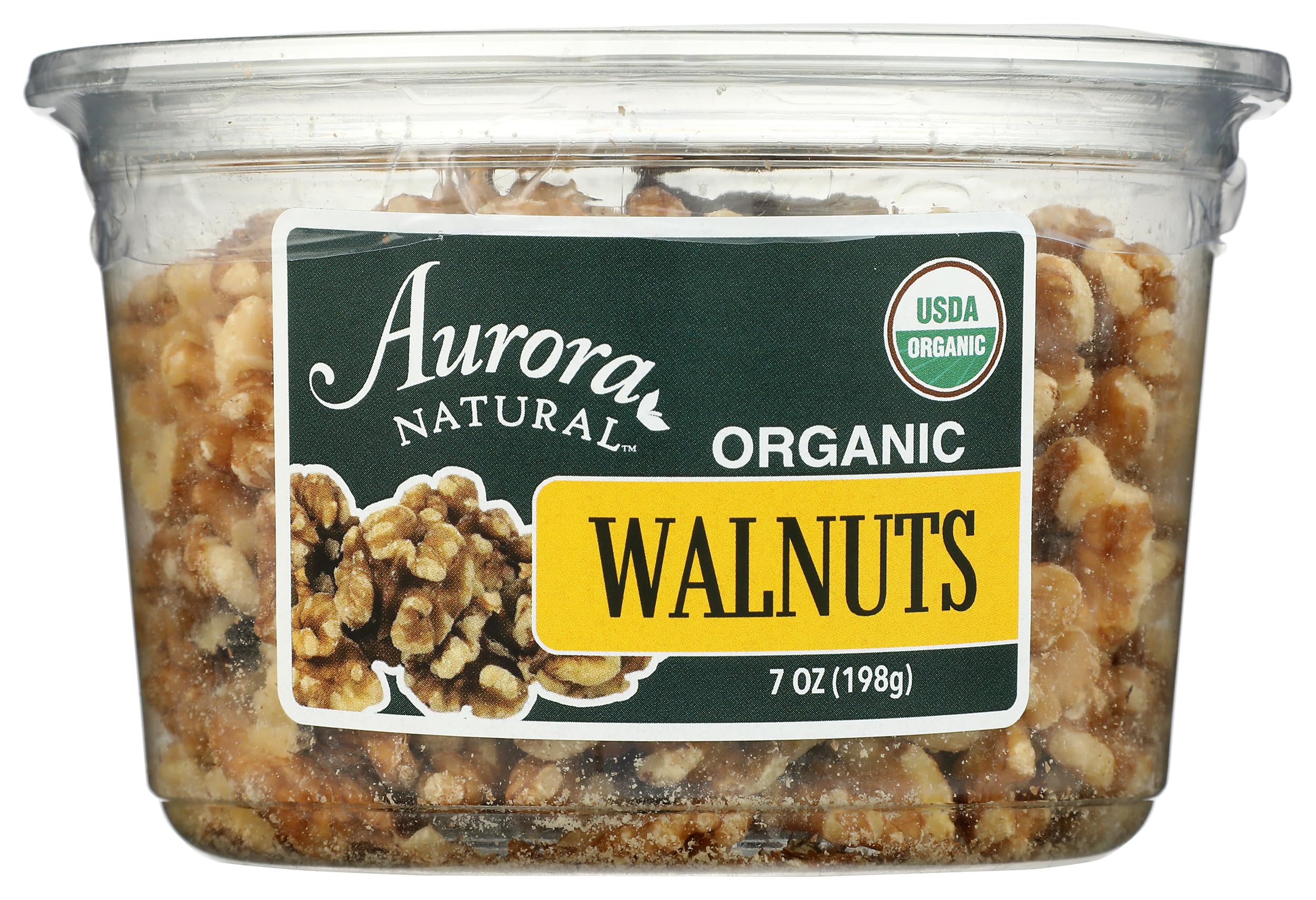 AURORA front packaging showing 7 oz organic walnut halves for pantry convenience