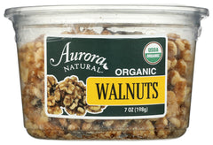 AURORA front packaging showing 7 oz organic walnut halves for pantry convenience