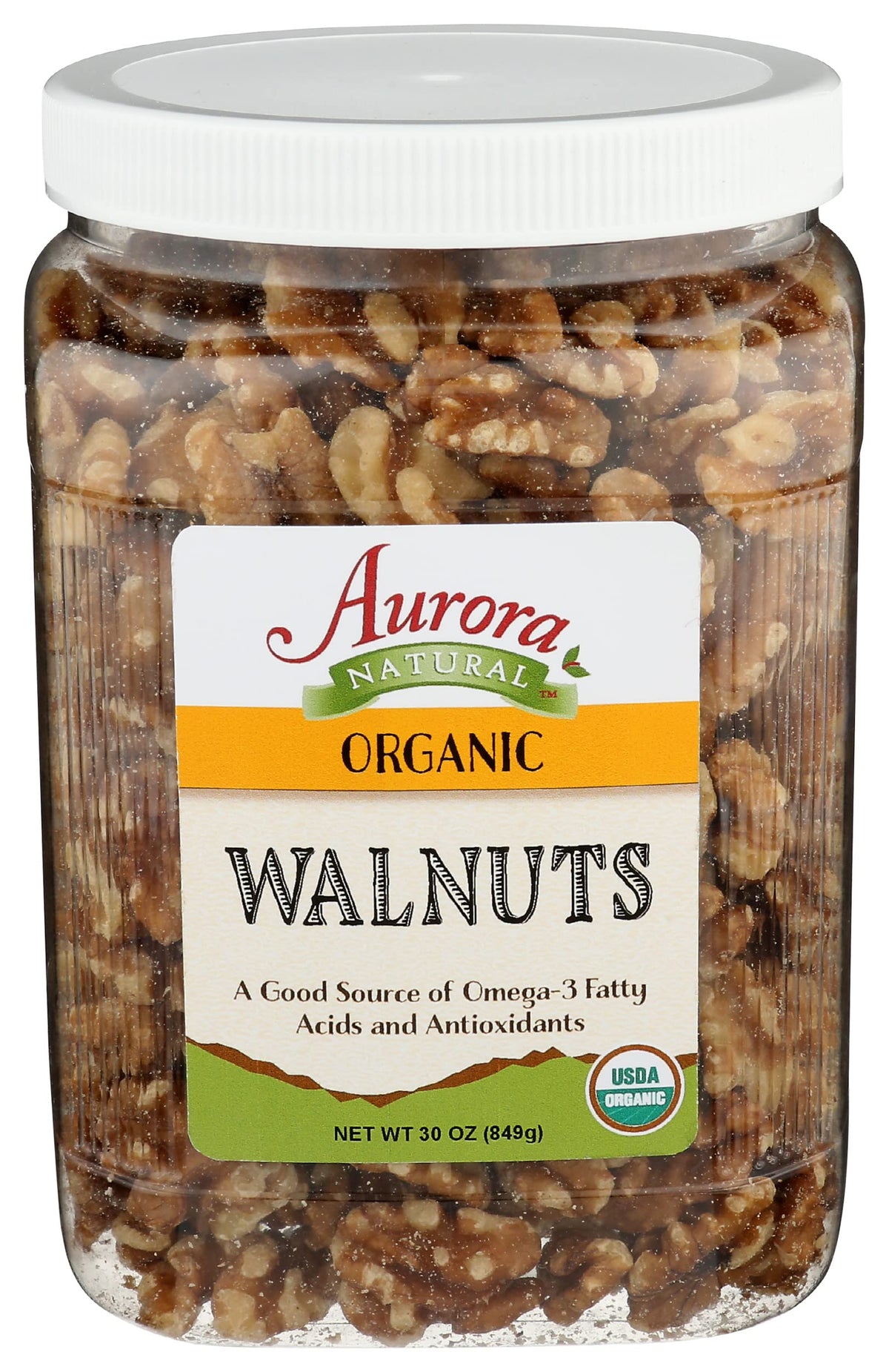 AURORA front packaging showing 30 oz resealable bag and organic label for pantry convenience