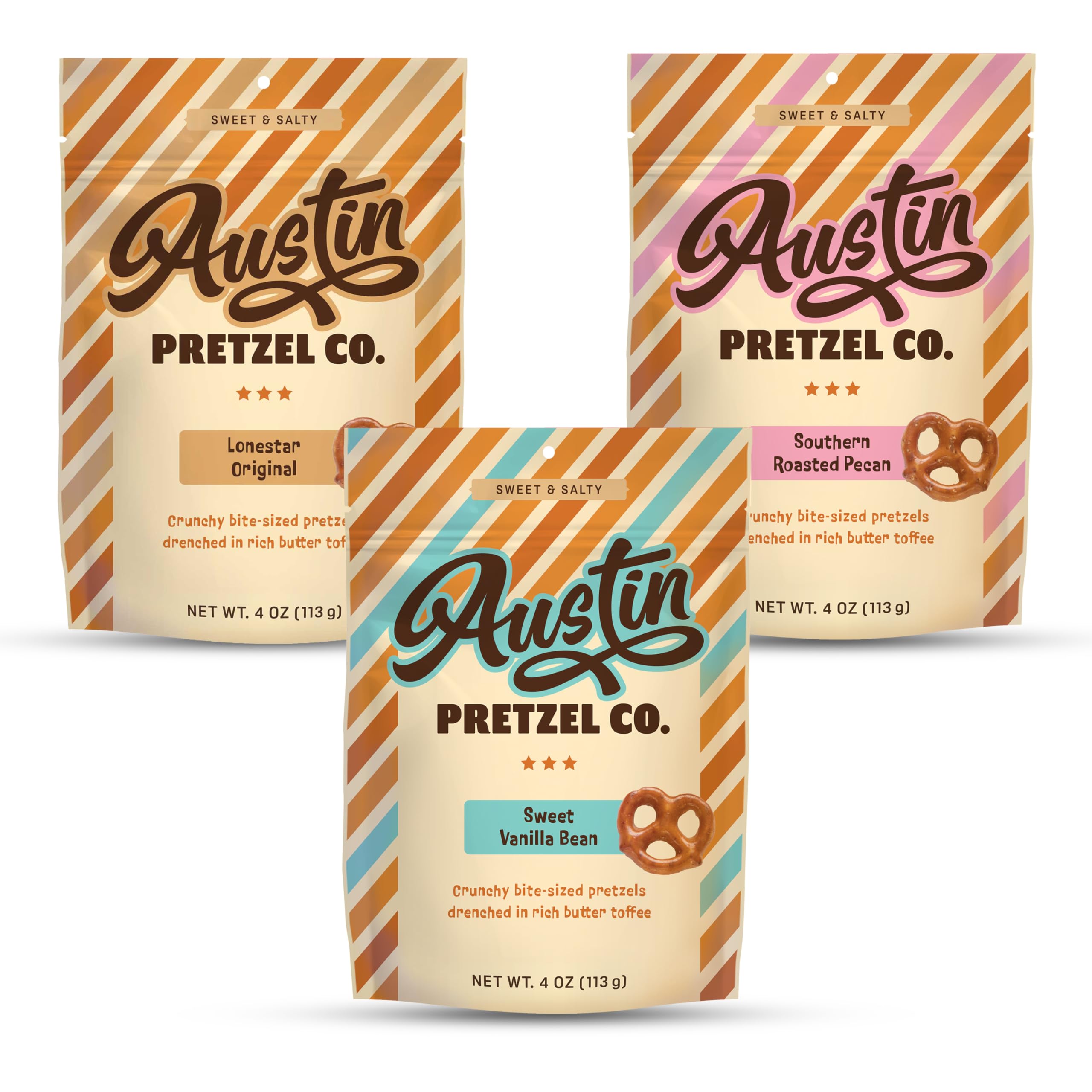 Austin Pretzel Co. front packaging shows brand and flavor trio, great for gifting