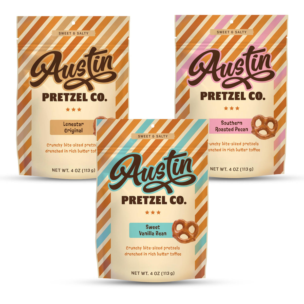 Austin Pretzel Co. front packaging shows brand and flavor trio, great for gifting