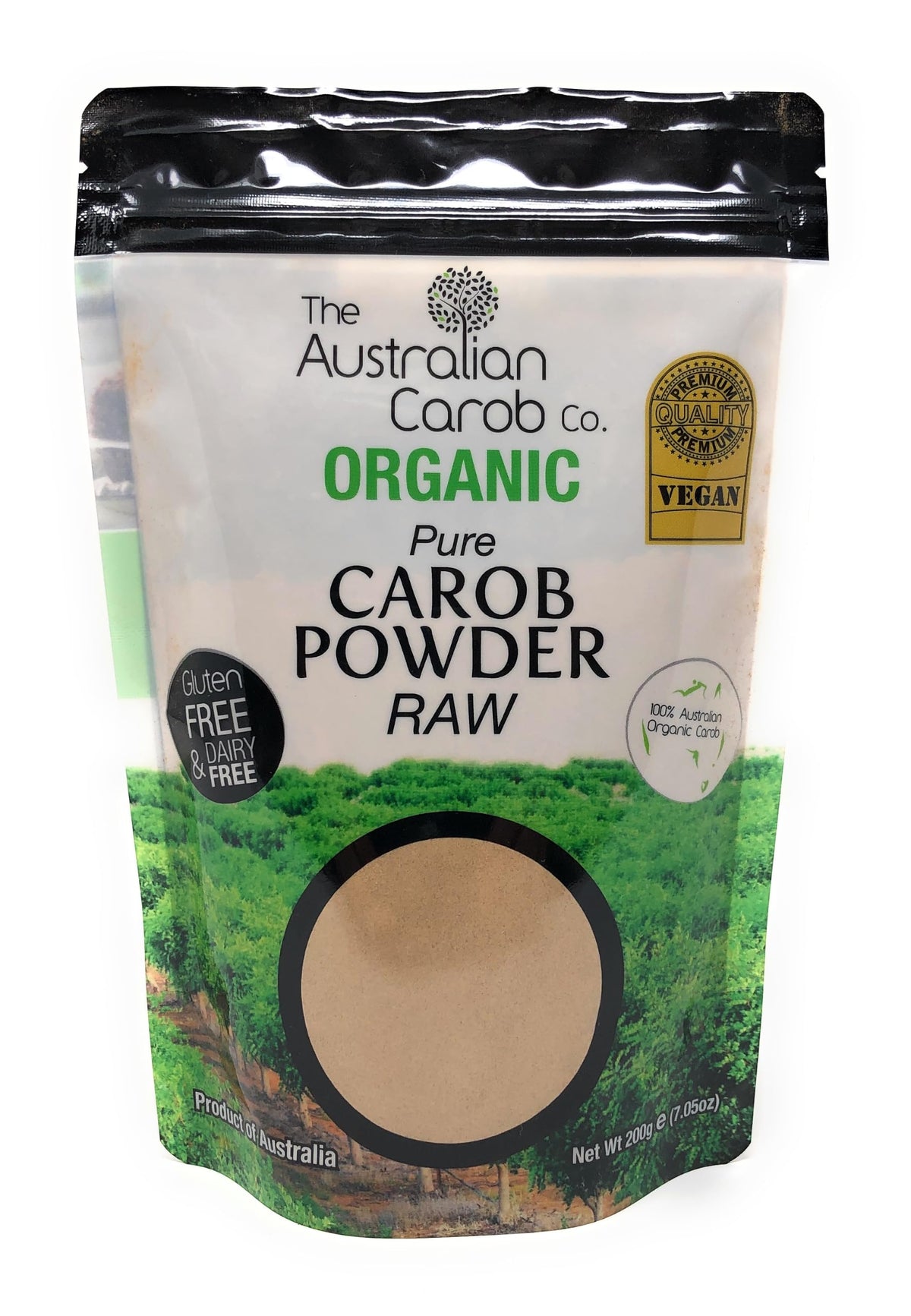 The Australian Carob Co. front packaging showing product and organic label benefit