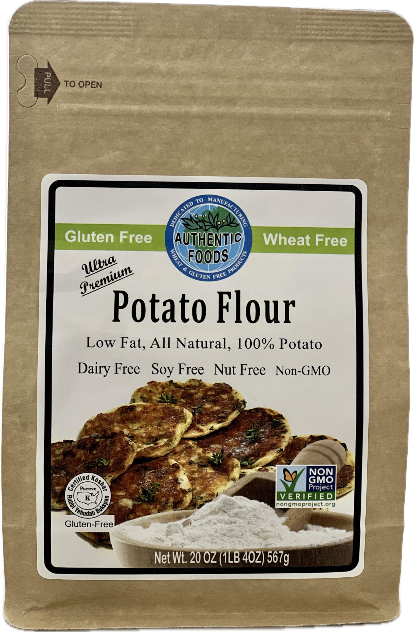 Authentic Foods potato flour front packaging showing resealable bag and label, useful for pantry storage