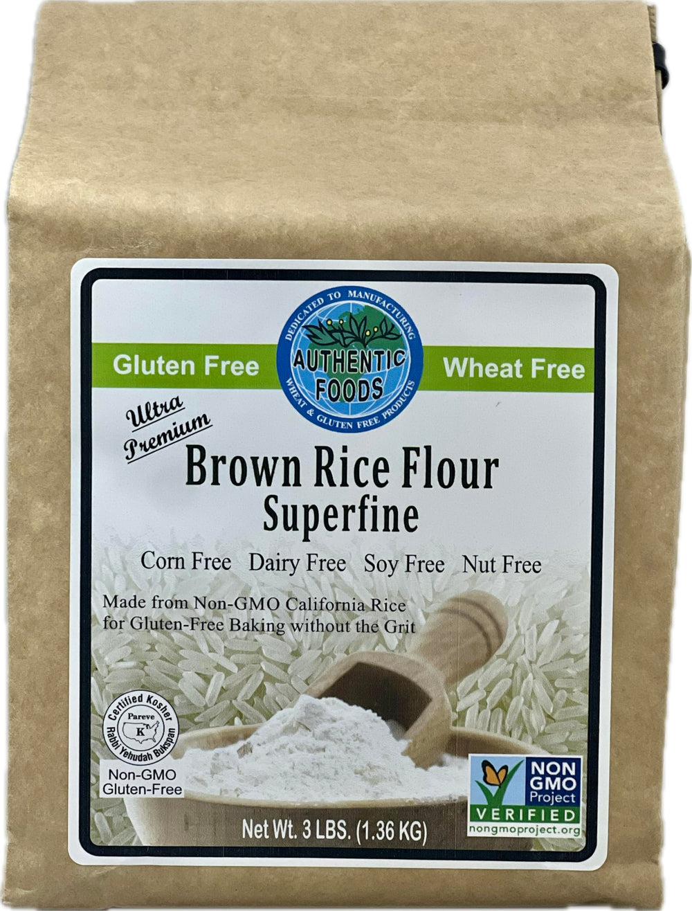 Authentic Foods front packaging showing 3 lb bag and superfine texture benefit