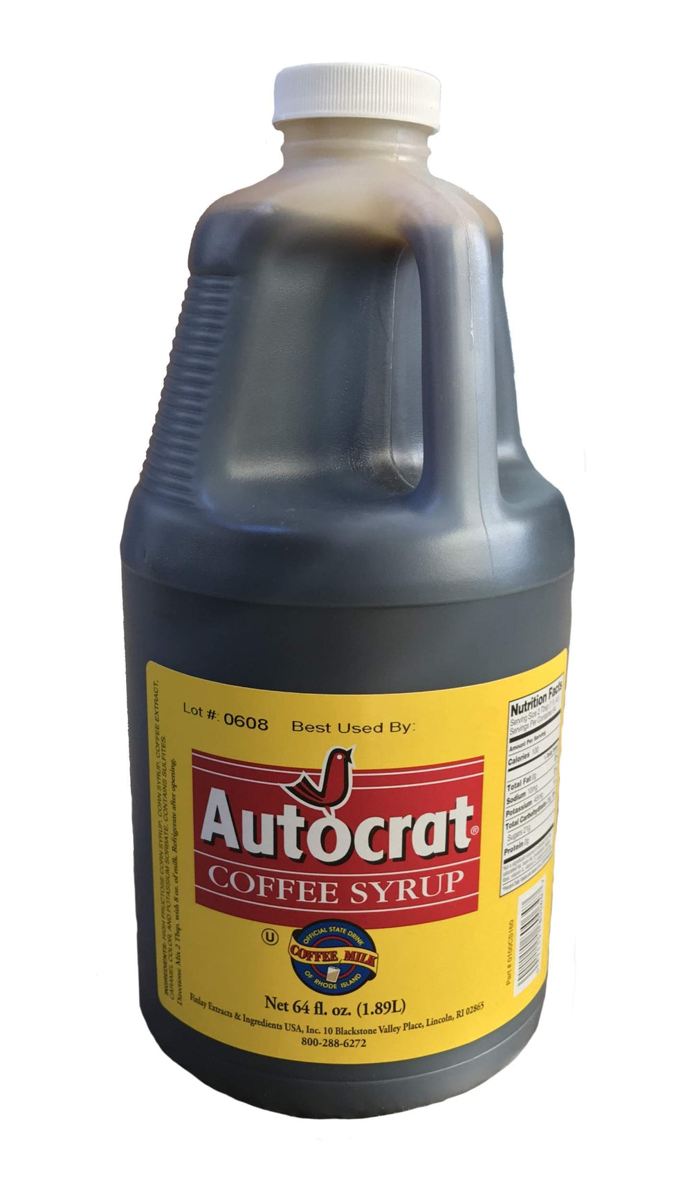 Autocrat coffee syrup front label on 64 oz bottle showing product identity and convenience