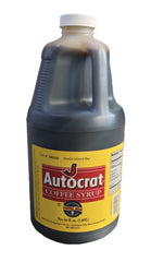 Autocrat coffee syrup front label on 64 oz bottle showing product identity and convenience