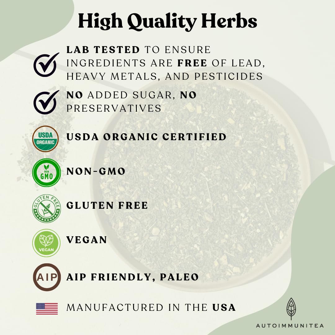 Autoimmuni-Tea dried herb texture close-up emphasizing stinging nettle and lemon balm quality