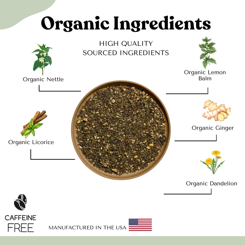 Autoimmuni-Tea loose-leaf scoop with herbs showing natural ingredients and aroma